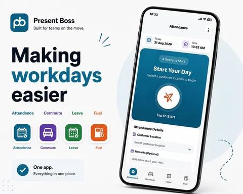 Mobile attendance app screen with attendance, commute, leave and fuel shortcuts