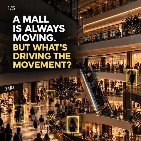 Busy shopping mall with AI detection boxes, asking what is driving the movement