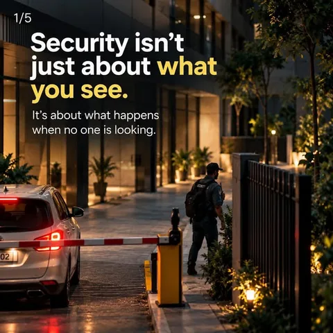 Gated entrance at night with the message: security is about what happens when no one is looking