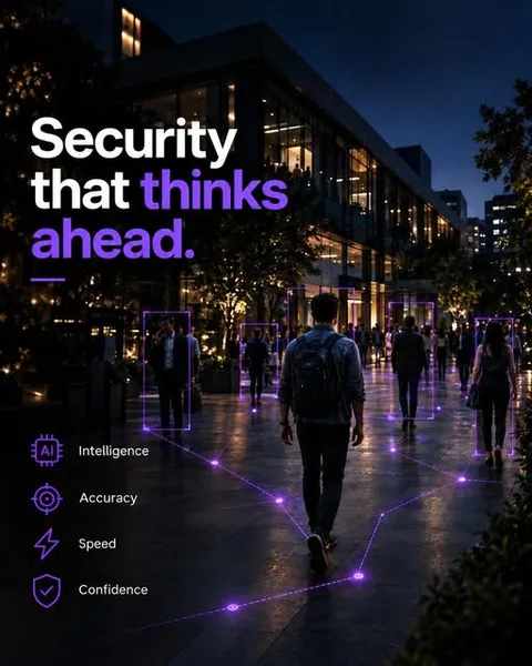 Night street scene with AI tracking overlay: security that thinks ahead