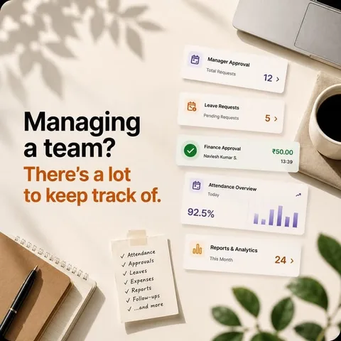 Team management dashboard cards showing approvals, leave requests and attendance overview